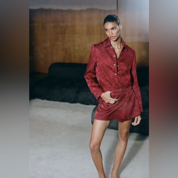 Zara Jacquard Burgundy Bomber Jacket and Pants NWT Size...